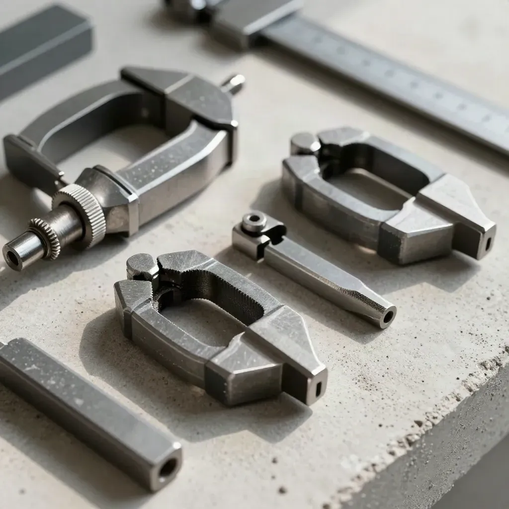 Machined steel clamps, a depth gauge and steel offcut on pale concrete in soft workshop light.