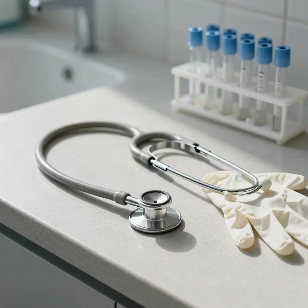 Stethoscope, gloves, and specimen tube rack on brushed stone in soft clinical daylight.