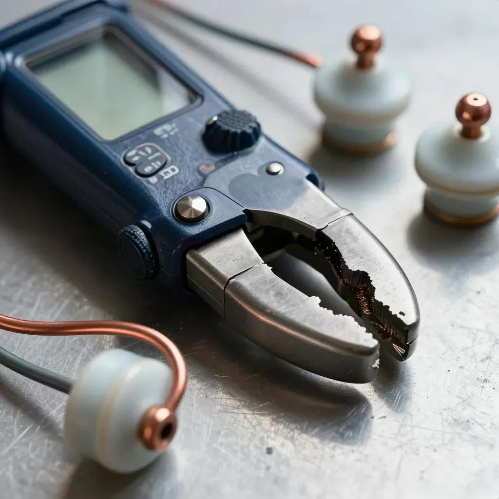 Macro still life of a clamp meter, porcelain insulators, and copper cable loops on brushed metal