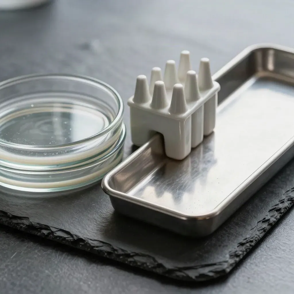 Top-down lab still life with petri dishes, pipette-tip box, and sample tray on slate