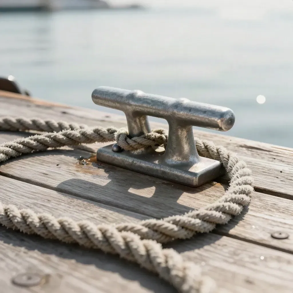 Dock cleat, shackle, and mooring rope on weathered wood in soft harbor light.
