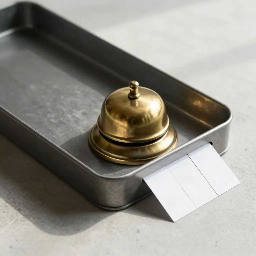 Metal inbox tray, brass bell, and blank card tabs on a pale concrete surface.