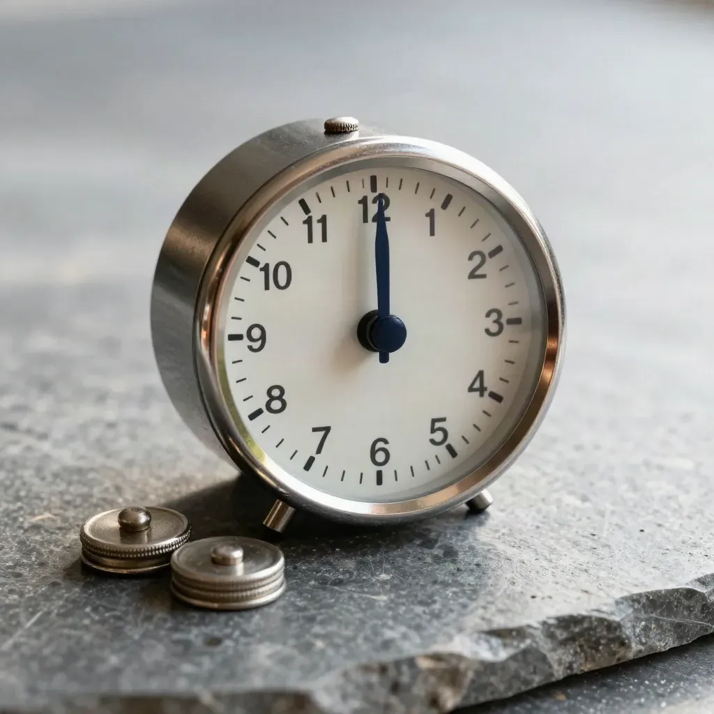 Macro of a mechanical timer with two metal queue tokens on brushed stone.