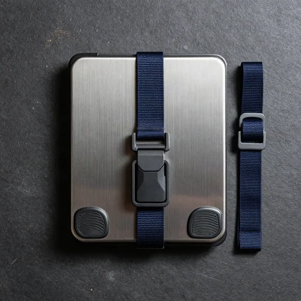 Top-down parcel scale, cargo buckle, and strap ends on graphite slab with warehouse dust.