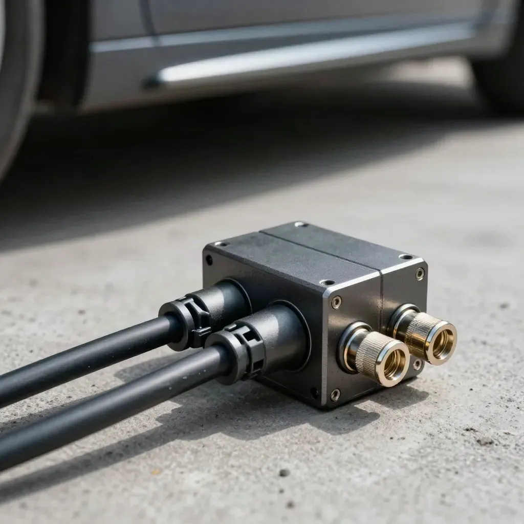Cable junction block with braided leads and connector clip on concrete, side-lit in macro.