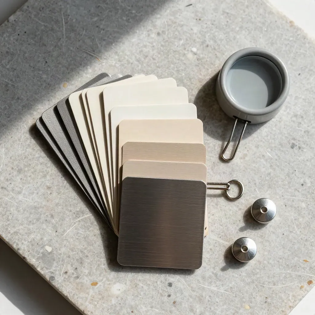 Top-down metal tabs held by a spring clip beside a paperweight on stone, lit by soft daylight.