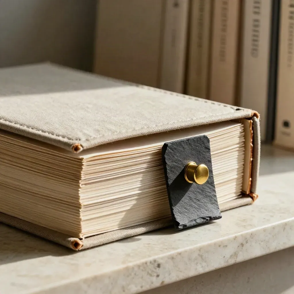 Linen archival binder, brass divider, and slate bookend on a pale shelf, macro still life.
