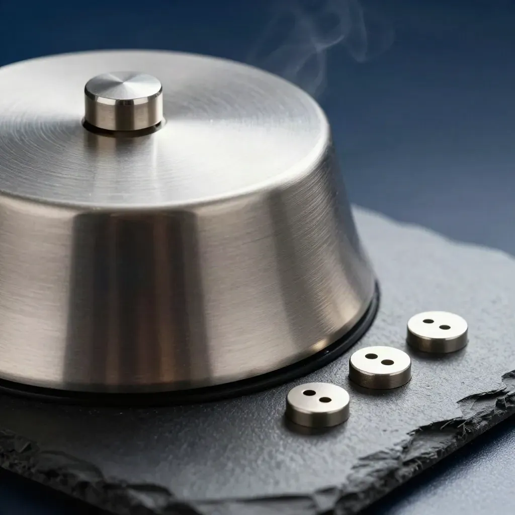 Metal desk chime, beacon housing, and status tokens on graphite stone in dramatic side light.