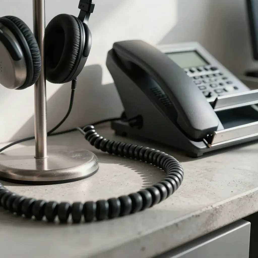 Cable loop frames a support headset stand, phone cradle, inbox trays and coiled cables on concrete.