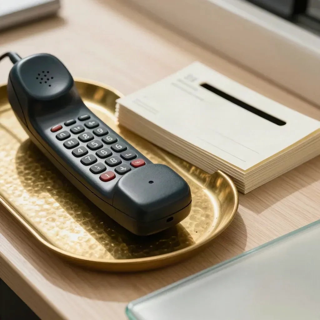 Macro still life of a cordless handset, brass tray, reply cards and frosted glass on pale wood.