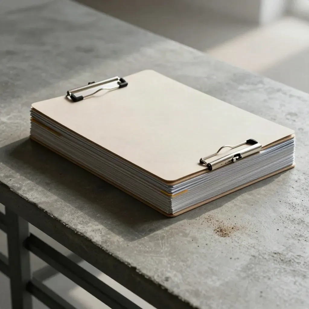 Closed binder and stacked clipboards on brushed concrete, shot through shelf bars.