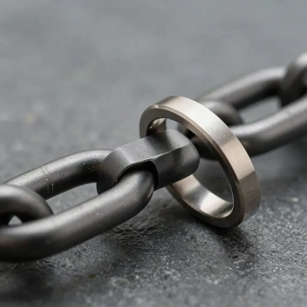 Machined rings and connector block locked in a diagonal still life on matte graphite.