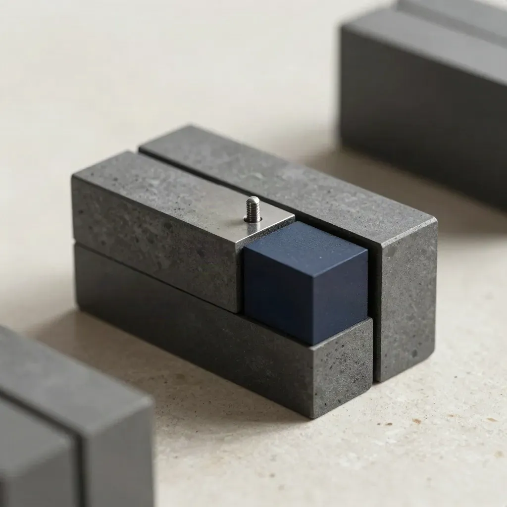 Graphite modular blocks joined by a steel pin on pale stone, lit from above with soft haze.