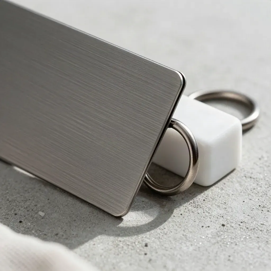 Brushed-metal sleeve, white spacer block and steel ring on cool concrete in soft daylight.