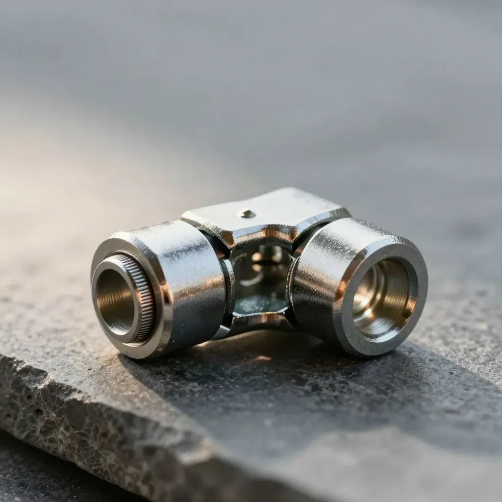 Macro still life of polished metal coupler, fasteners and ferrule on brushed stone.
