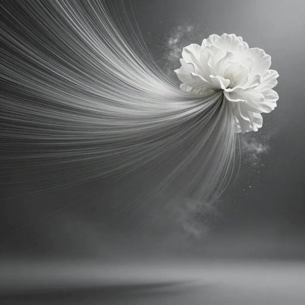 Silver filaments converge into a white bloom in graphite space with calm copy area.